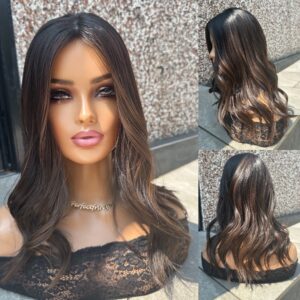 'SKINNY CELEBRITY INSPIRED' • 18" LENGTH • LIGHT WEIGHT/SKINNY • STUNNING POPS OF CARAMEL HAIR TOPPER